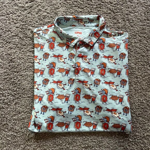 Lofty Llama Other - Lofty Llama Performance Golf Polo Breakfast Bacon Eggs Pancakes Print Mens XL